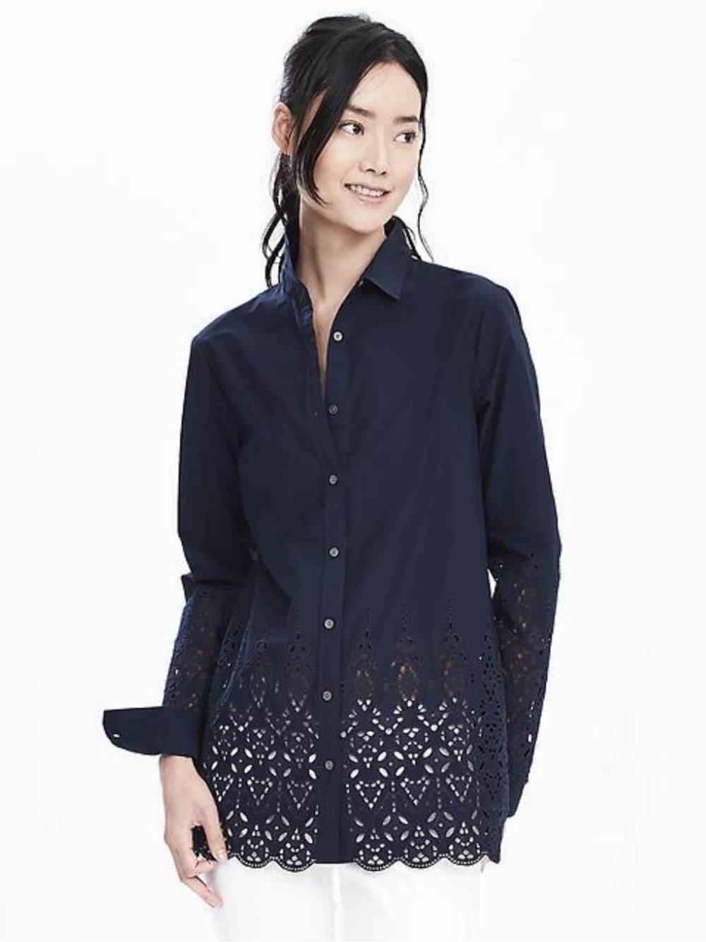 Banana Republic Navy Eyelet Hem Button-Down